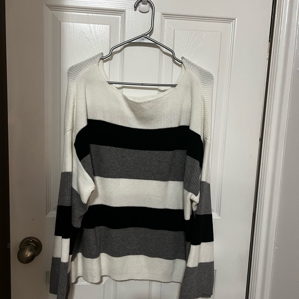 Classic White and Black Striped Crew Neck Sweater